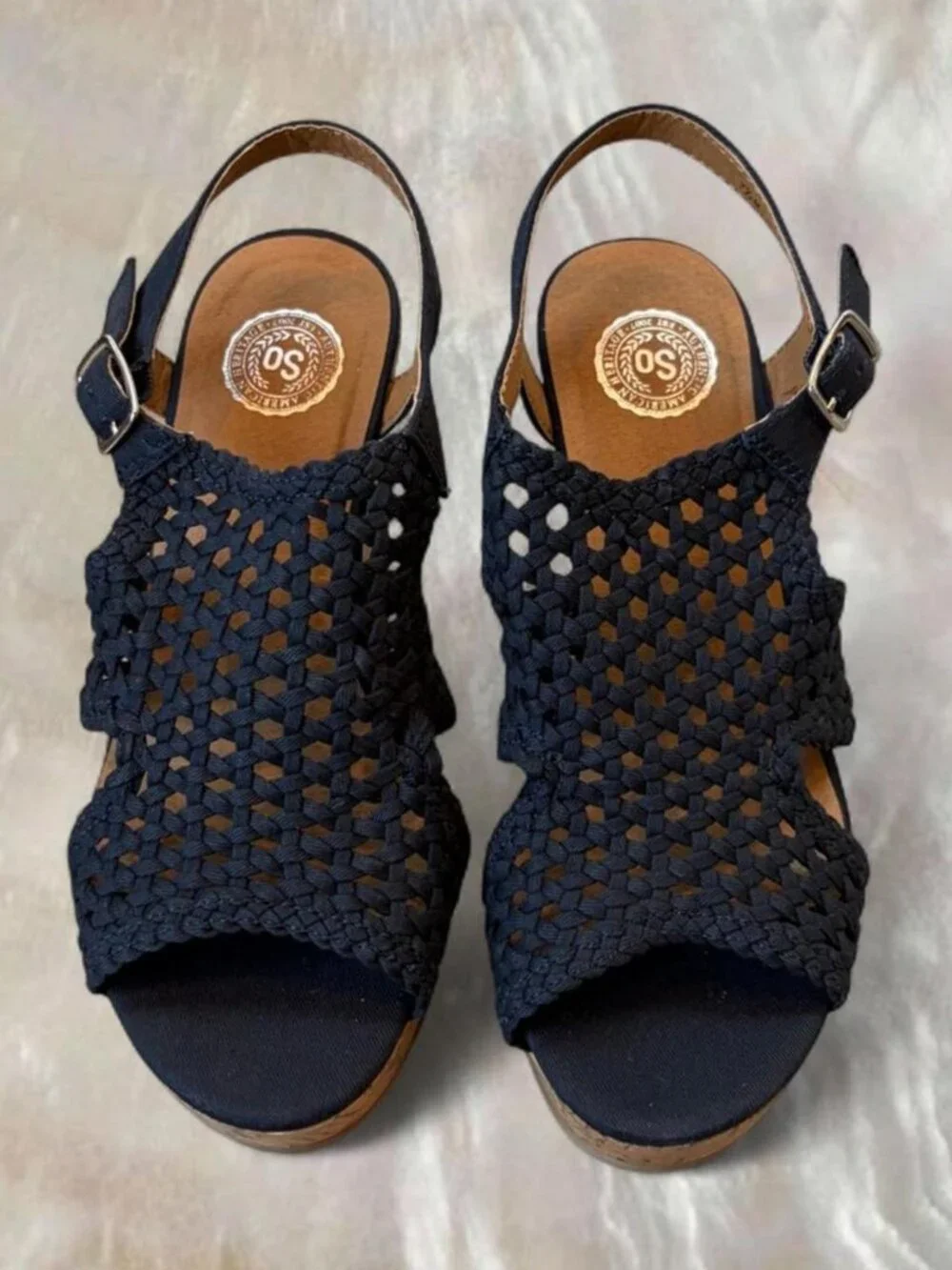SO Navy Blue Woven Slingback Wedge Sandal